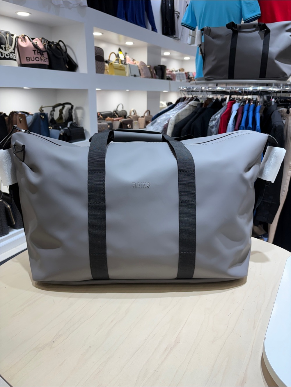 Rains Gray Duffel Bag with Black Webbing